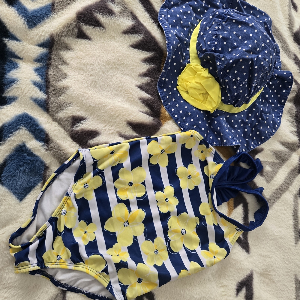 Gymboree Navy and Yellow Floral One Piece with Hat